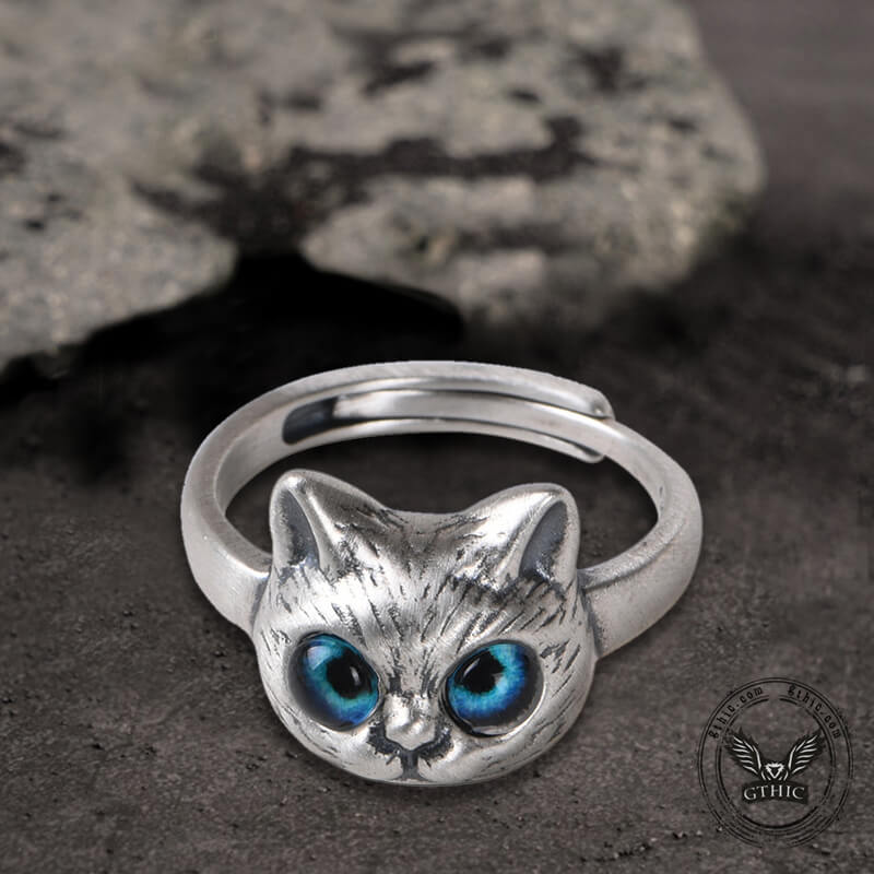 Blue Eye Cat Sterling Silver Open Ring | Gthic.com