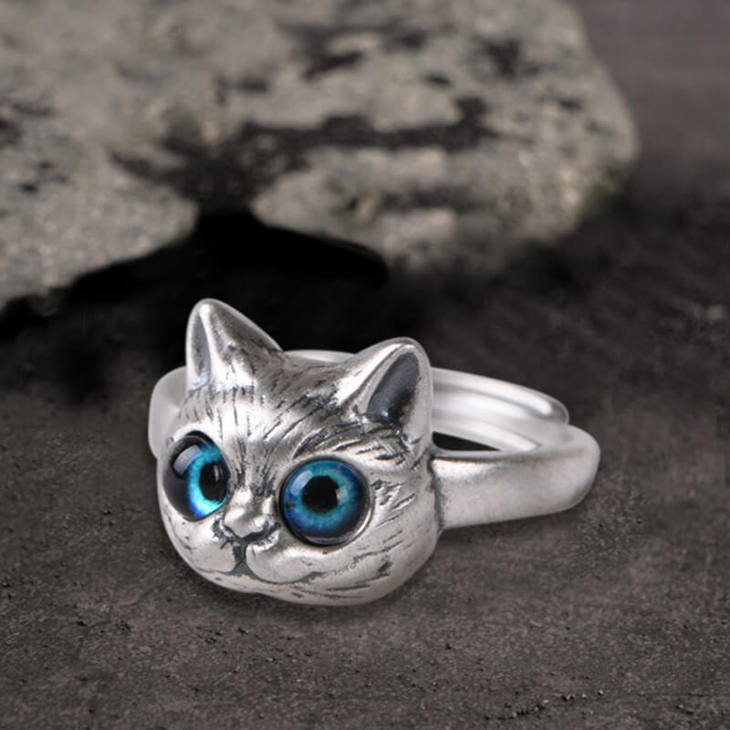 Blue Eye Cat Sterling Silver Open Ring | Gthic.com