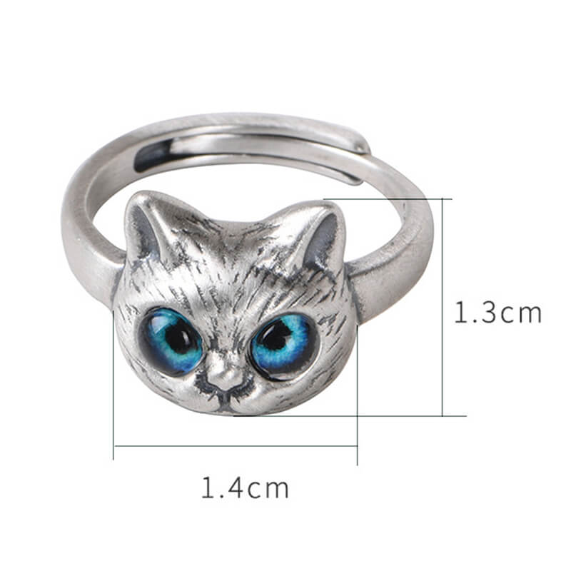 Anillo abierto de plata de ley con gato de ojo azul