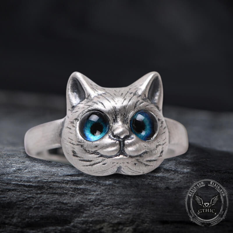 Blue Eye Cat Sterling Silver Open Ring | Gthic.com