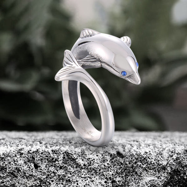 Blue Eyes Dolphin Stainless Steel Animal Ring | Gthic.com