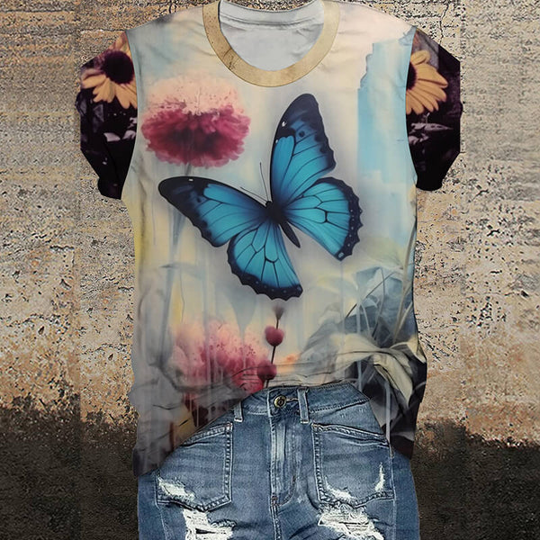 Blue Morpho Butterfly Round Neck Gothic T-Shirt