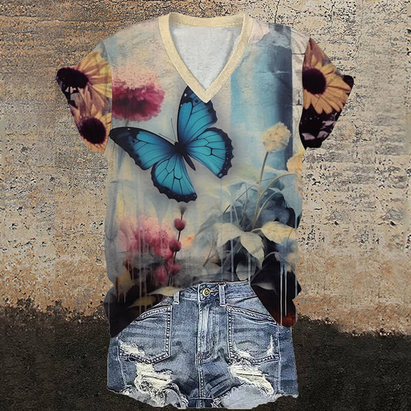 Blue Morpho Butterfly V-Neck Gothic T-Shirt