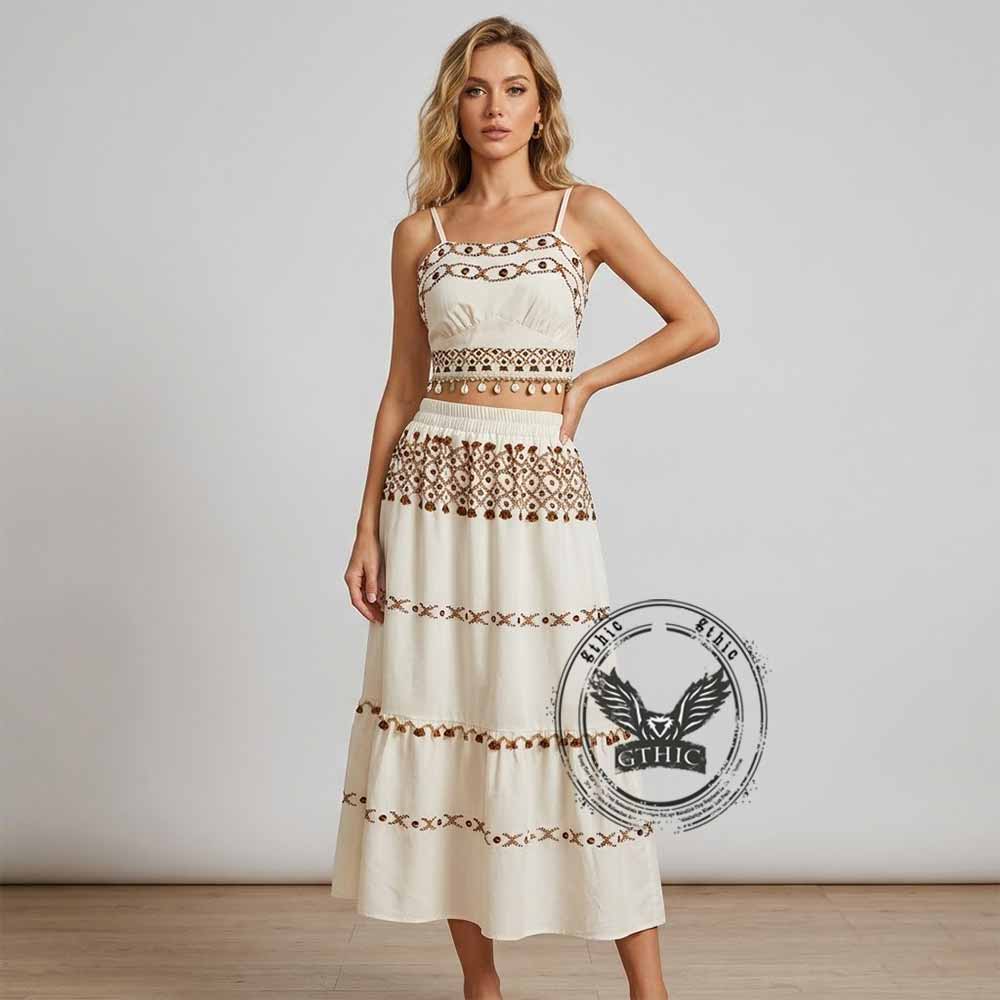 Bohemian Printed Tassel Camisole And Maxi Skirt Set | Gthic.com