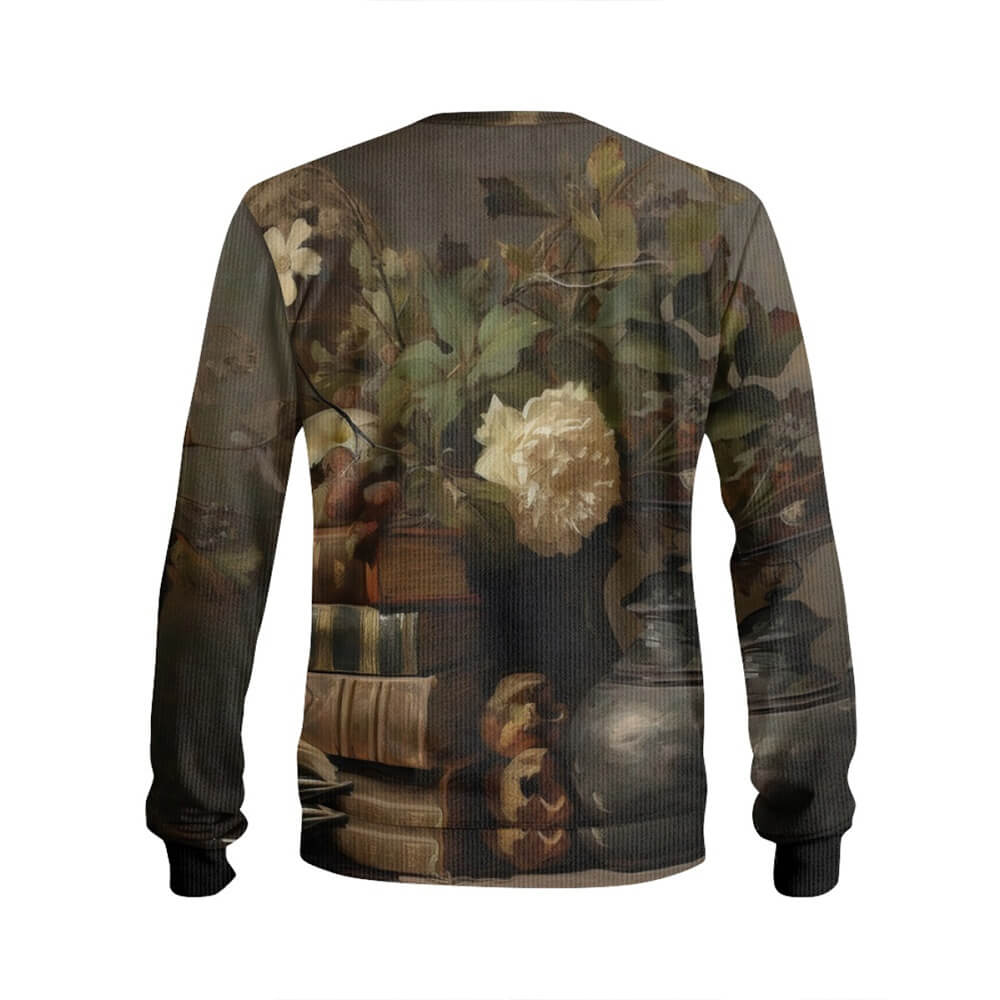 Books and Flowers Pattern Knitted Pullover Sweatshirt