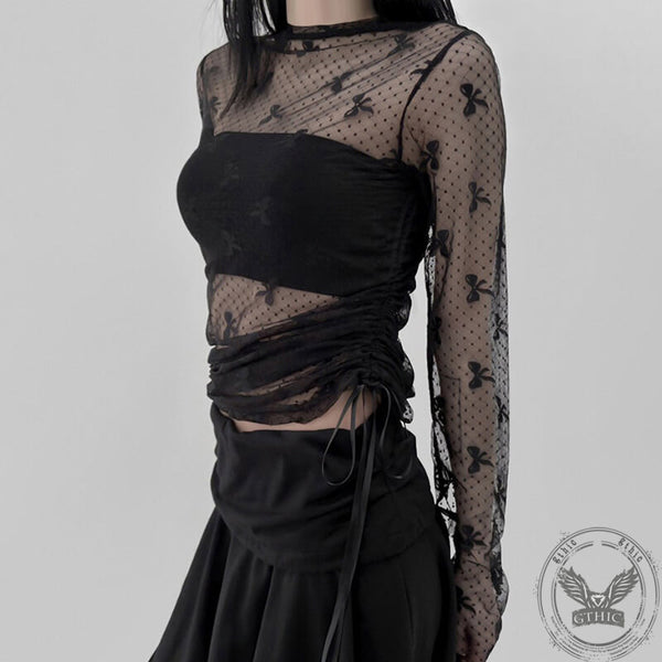 Bow-knot Mesh Pleated Lace-up See-through Short Top | Gthic.com