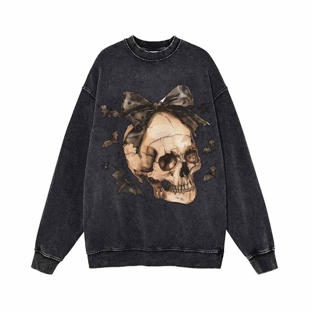 Bow Knot Skull Vintage Washed Hoodie Sweatshirt | Gthic.com