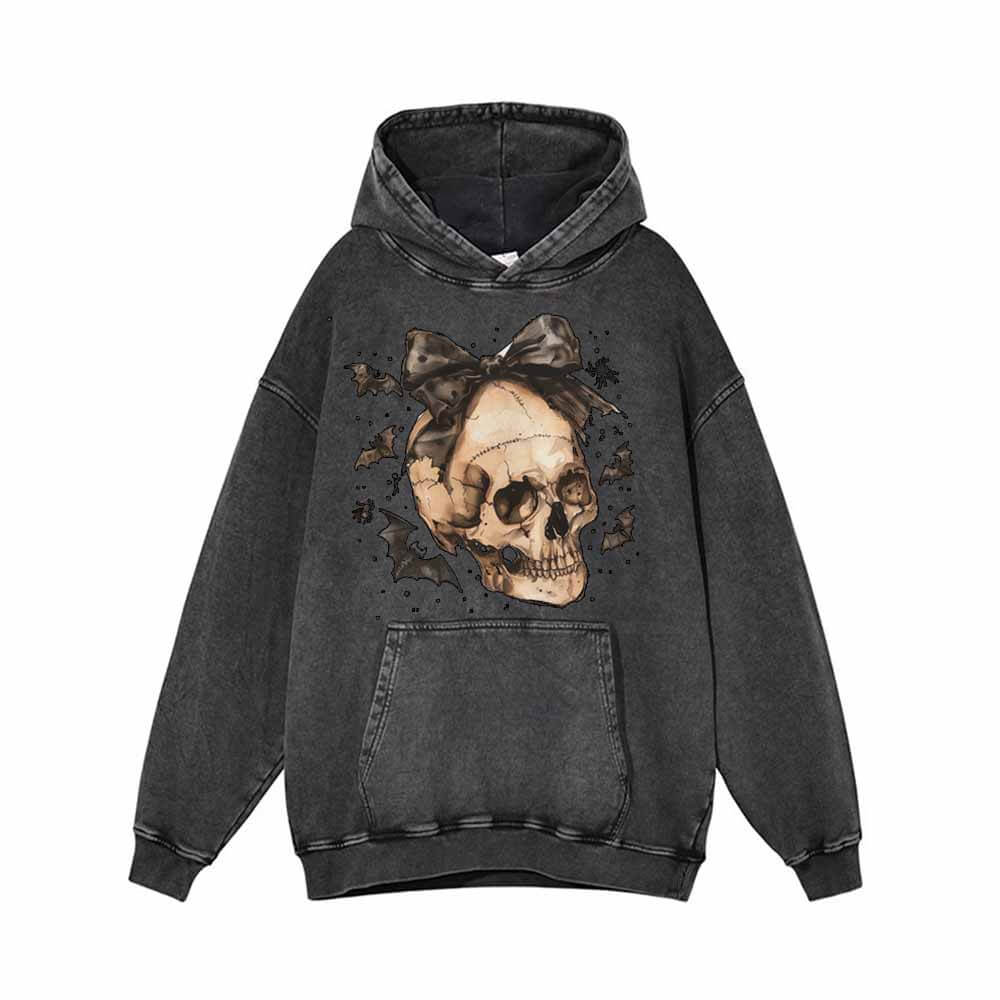 Bow Knot Skull Vintage Washed Hoodie Sweatshirt | Gthic.com