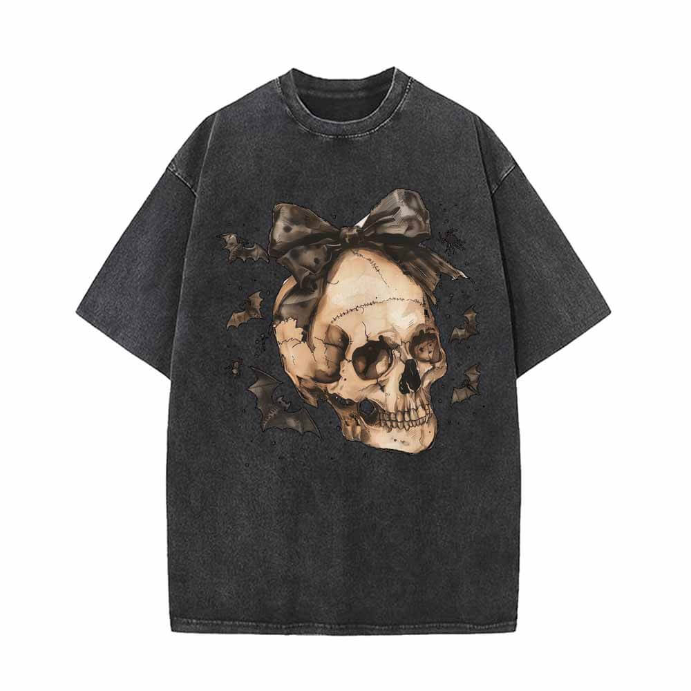 Bow Knot Skull Vintage Washed T-shirt | Gthic.com