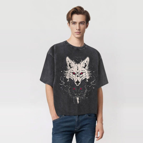 Bright And Dark Wolf Print Washed T-shirt