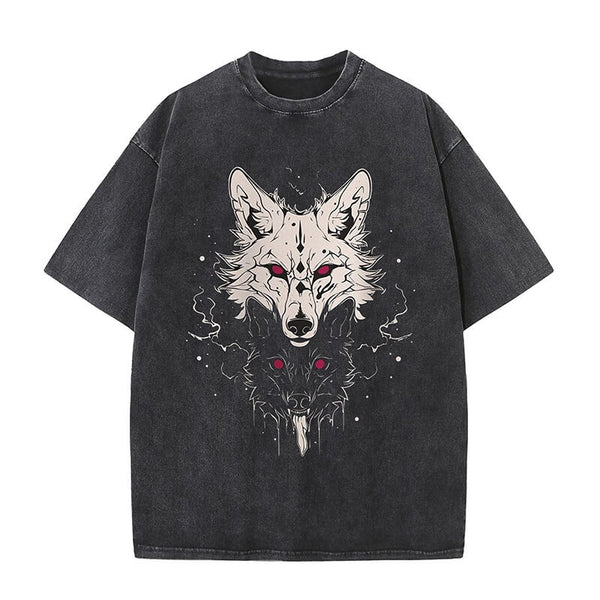 Bright And Dark Wolf Print Washed T-shirt | Gthic.com
