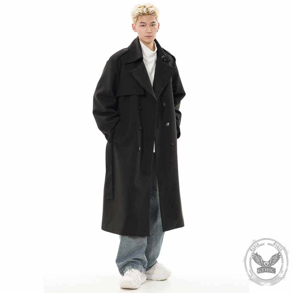 British Over-the-Knee Lapel Double-Breasted Long Coat