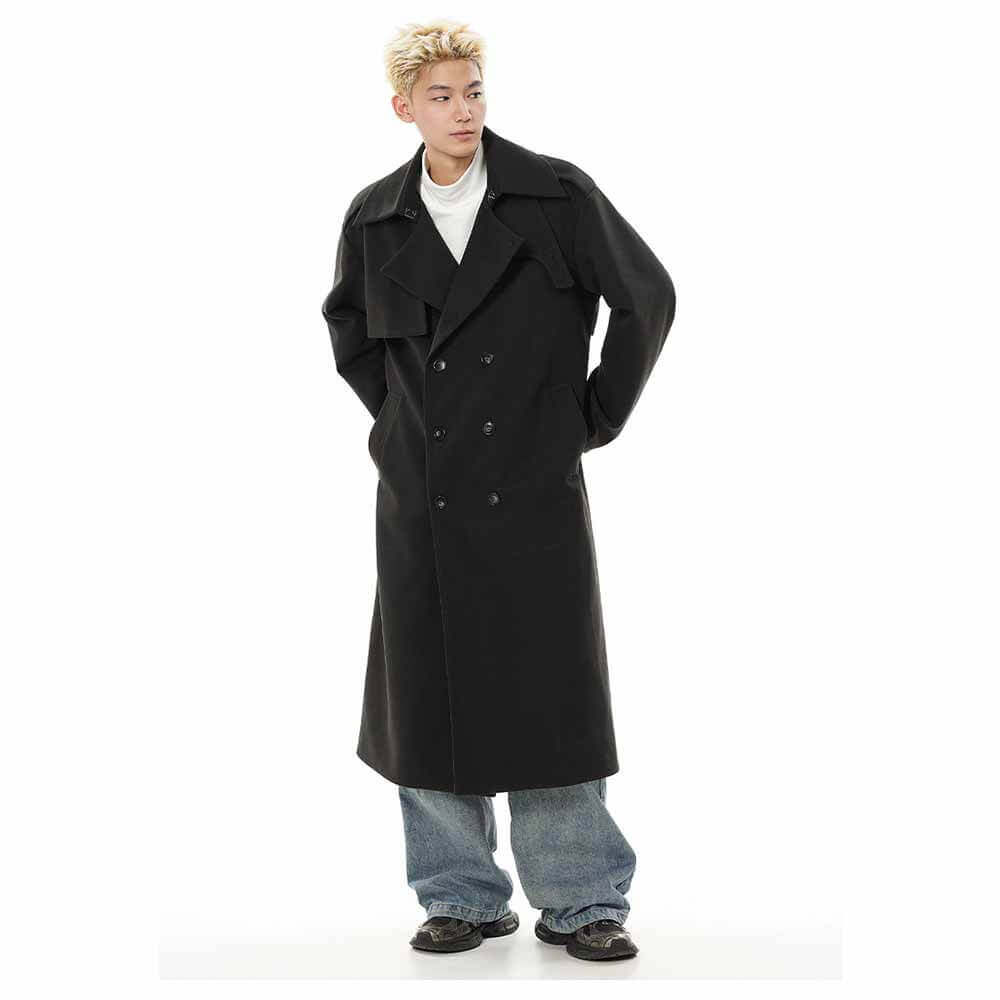 British Over-the-Knee Lapel Double-Breasted Long Coat