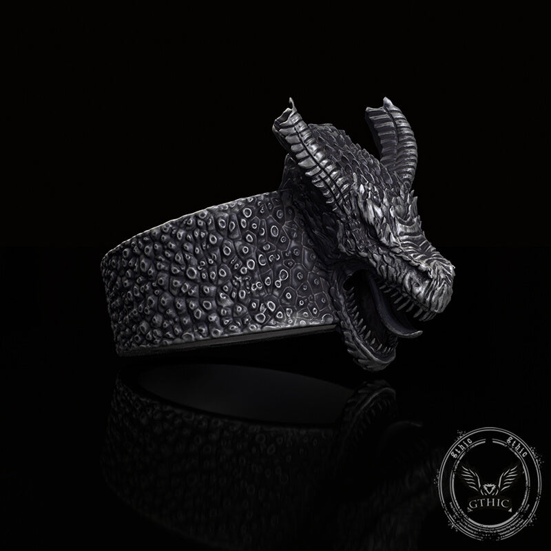 Broken Horn Ferocious Dragon Sterling Silver Ring 03 | Gthic.com