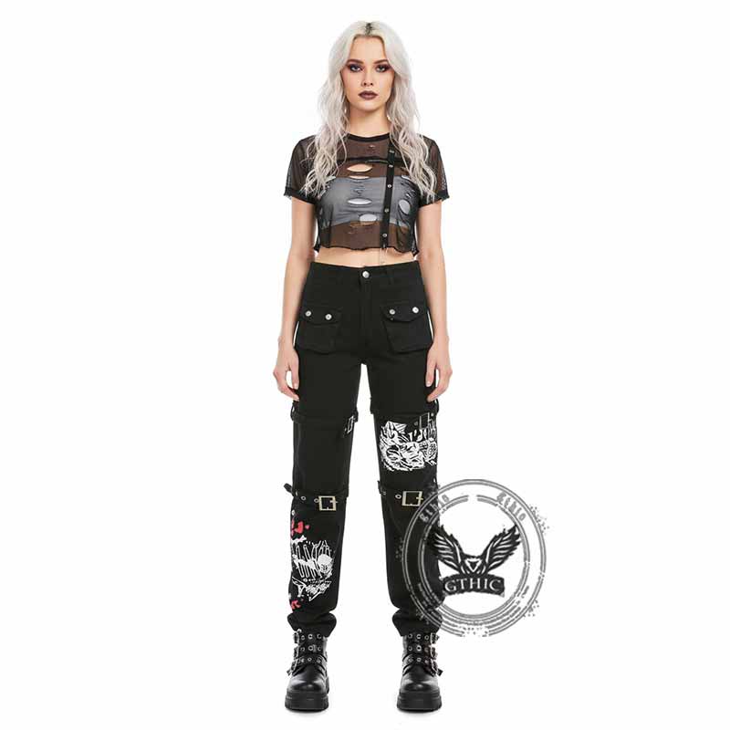 Buckle Strap Printed Cotton Cargo Pants | Gthic.com