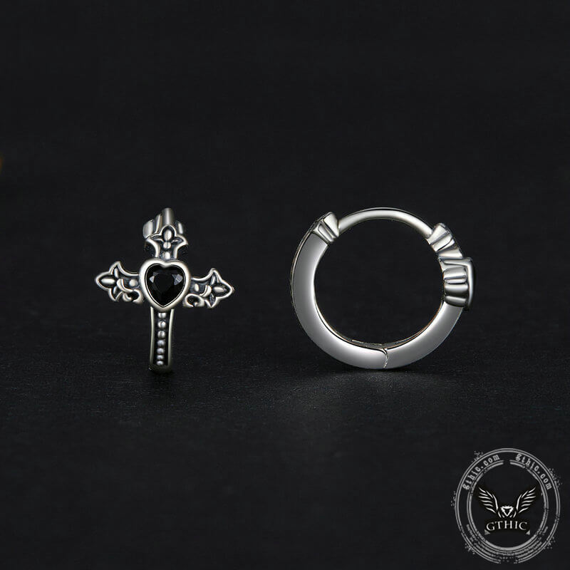 Budded Cross Heart Zircon Sterling Silver Earrings | Gthic.com