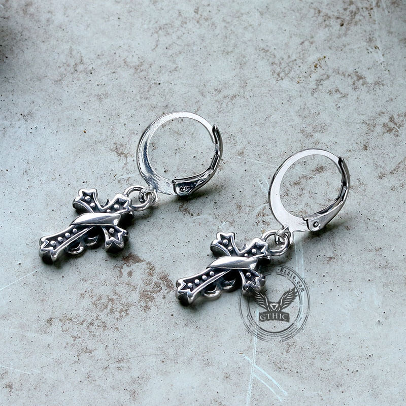 Budded Cross Stainless Steel Hoop Earrings | Gthic.com