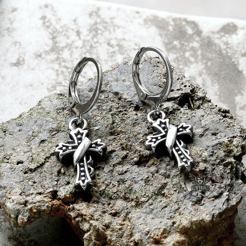 Budded Cross Stainless Steel Hoop Earrings | Gthic.com