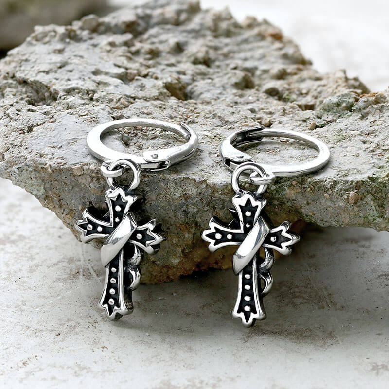 Budded Cross Stainless Steel Hoop Earrings | Gthic.com