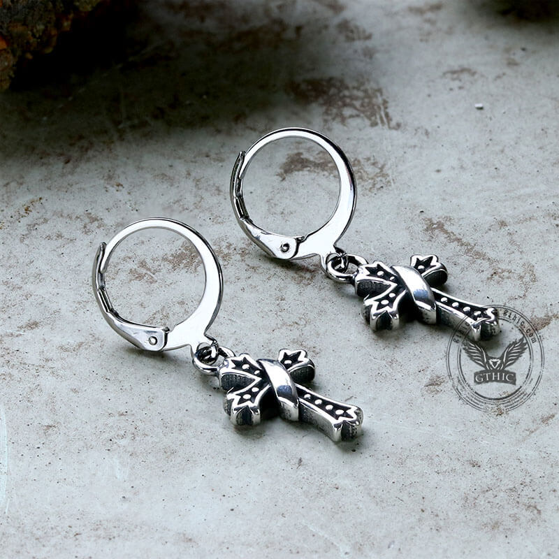 Budded Cross Stainless Steel Hoop Earrings | Gthic.com