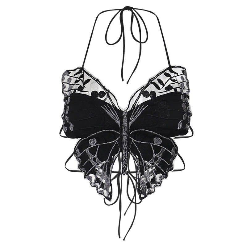 Butterfly-Shaped Backless Polyester Halter Crop Top | Gthic.com