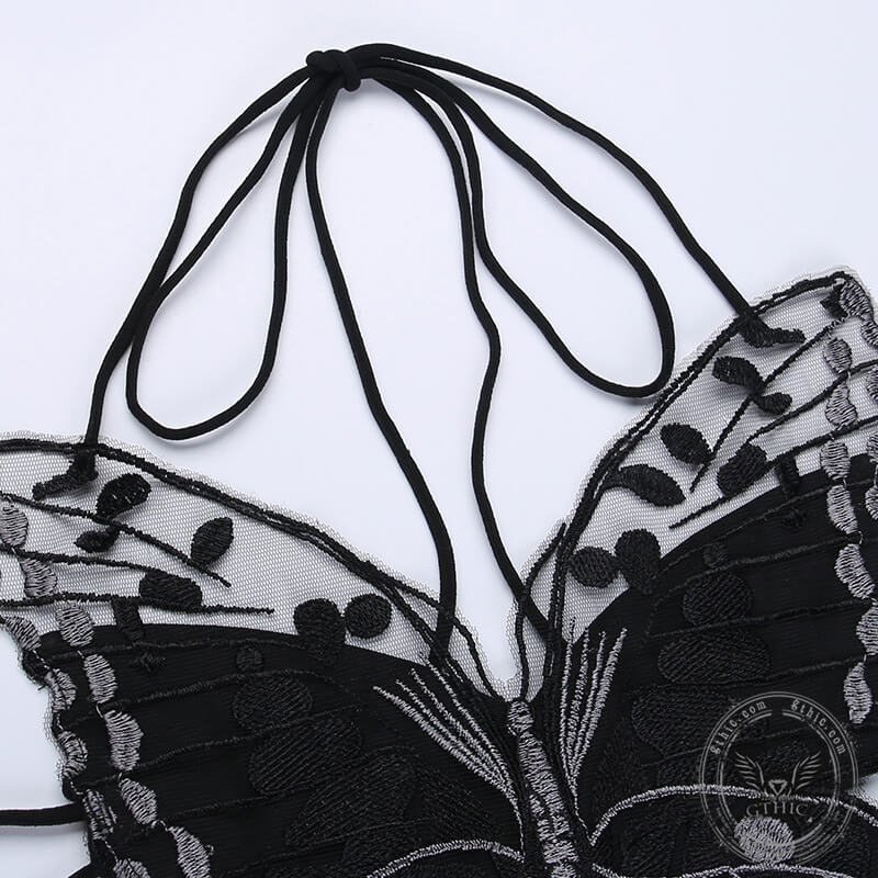 Butterfly-Shaped Backless Polyester Halter Crop Top | Gthic.com
