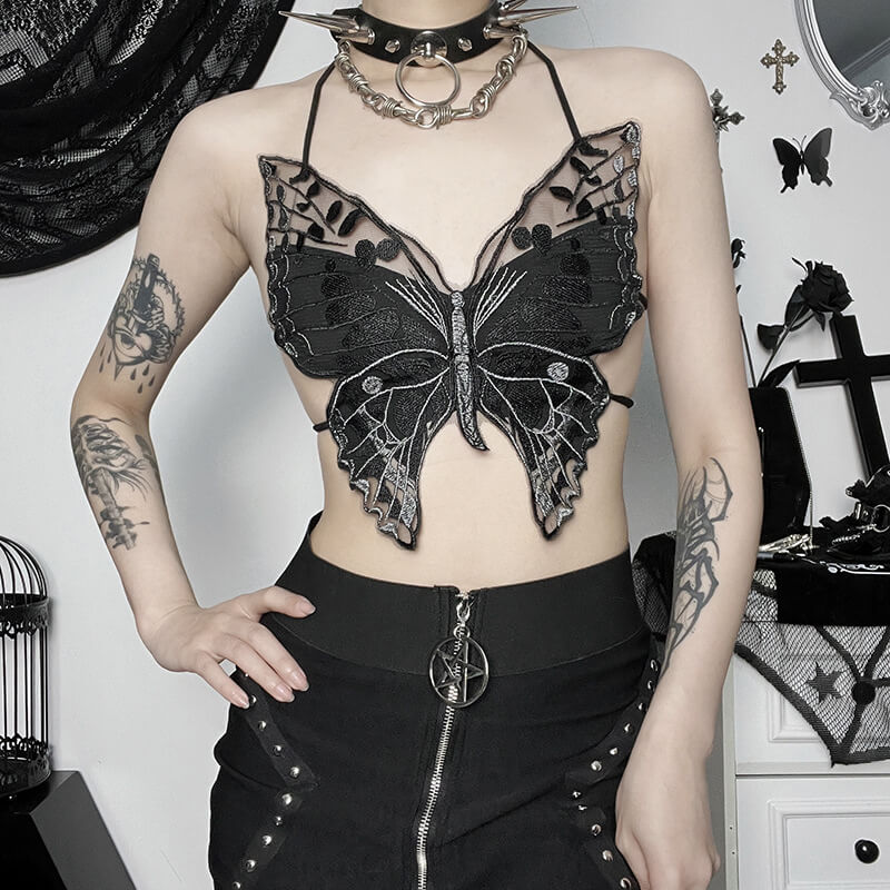 Butterfly-Shaped Backless Polyester Halter Crop Top | Gthic.com