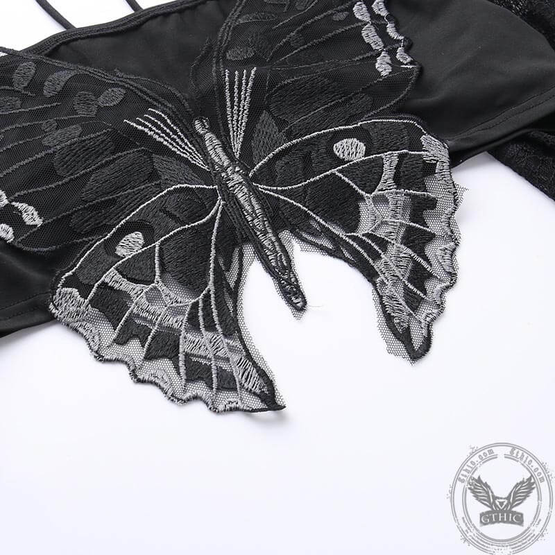 Cotton Butterfly Bell Sleeve Wrap Crop Top Black –