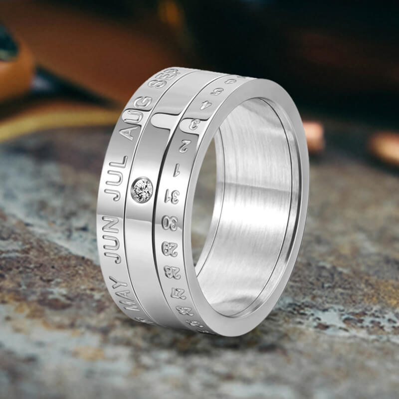 Calendar Diamond Stainless Steel Spinner Ring/Gthic.com