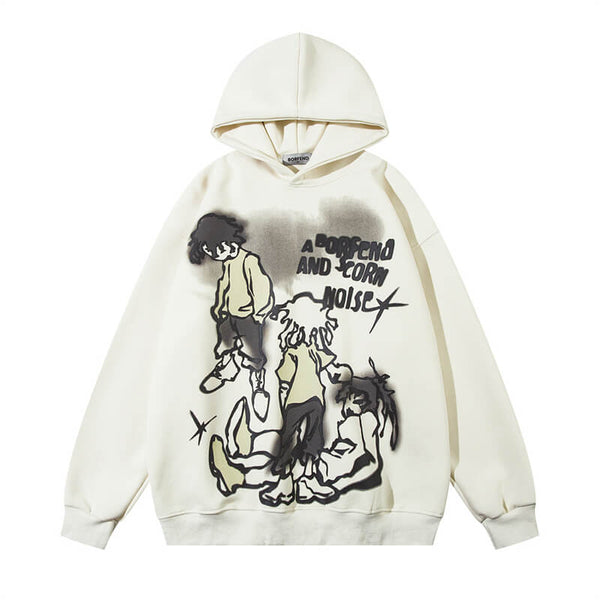 Cartoon Line Characters Print Pullover Hoodie | Gthic.com