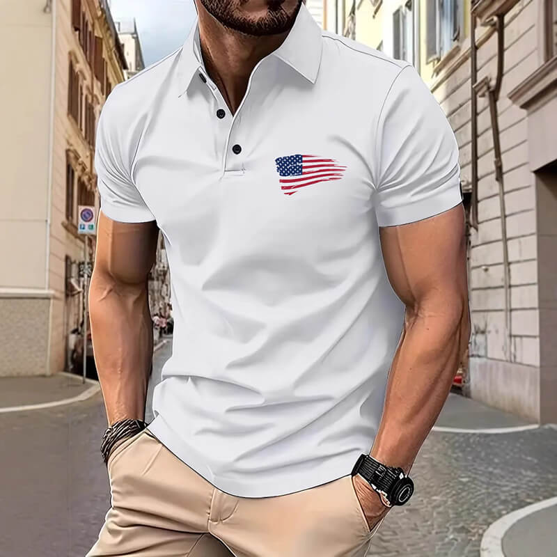 Casual American Flag Digital Print Short Sleeve Polo Shirt | Gthic.com