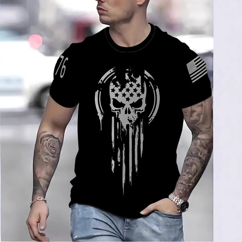 Casual American Flag Skull Print Crew Neck T-Shirt | Gthic.com