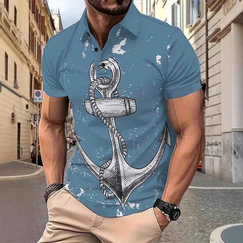 Casual Anchor Graphic Print Short Sleeve Polo Shirt 01 | Gthic.com