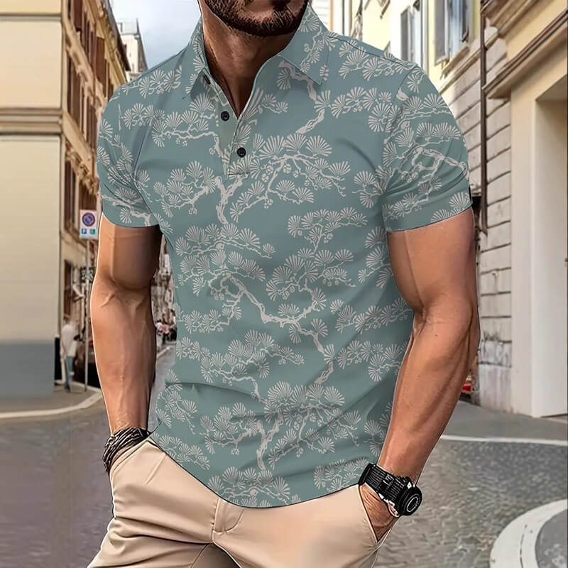 Casual Botanical Print Short Sleeve Polo Shirt | Gthic.com