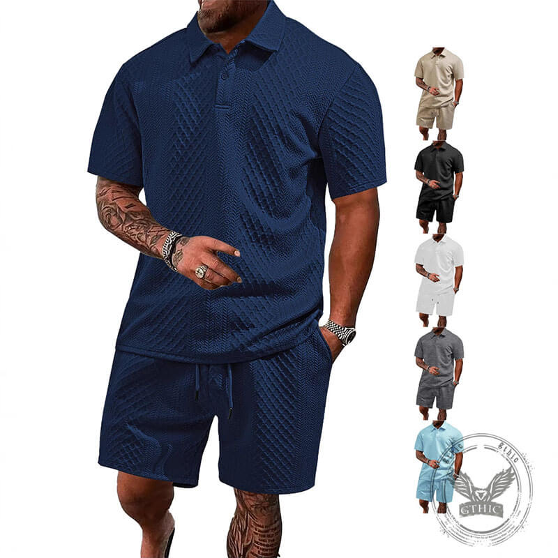 Casual Breathable Jacquard Polo Shirt Shorts Set | Gthic.com