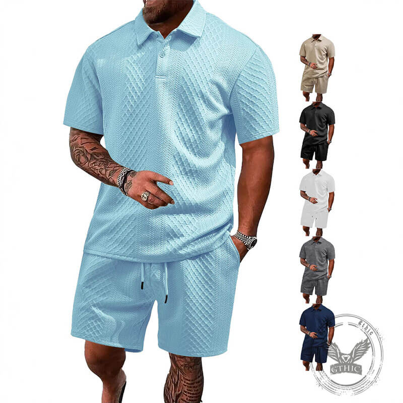 Casual Breathable Jacquard Polo Shirt Shorts Set | Gthic.com
