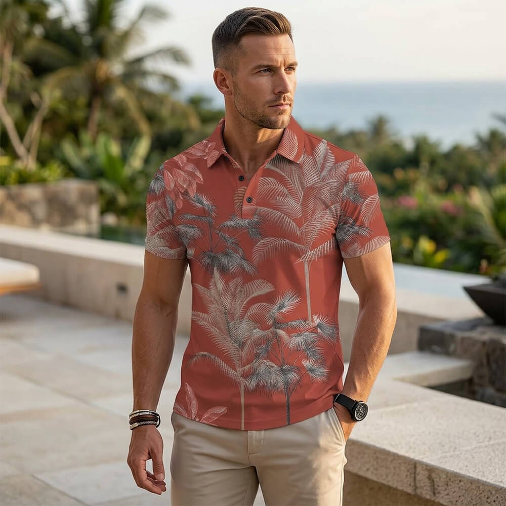 Casual Coconut Tree Print Short Sleeve Polo Shirt