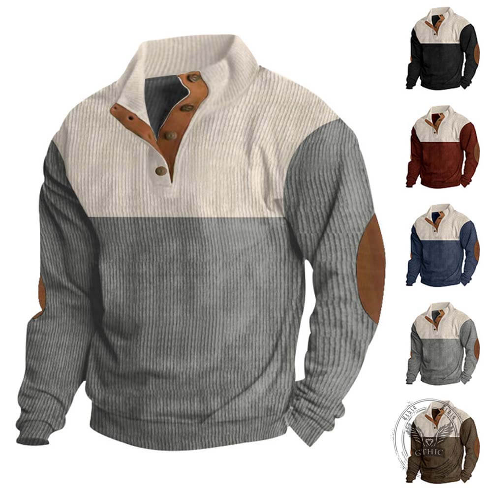 Casual Color-Blocked Stand Collar Corduroy Sweatshirt | Gthic.com
