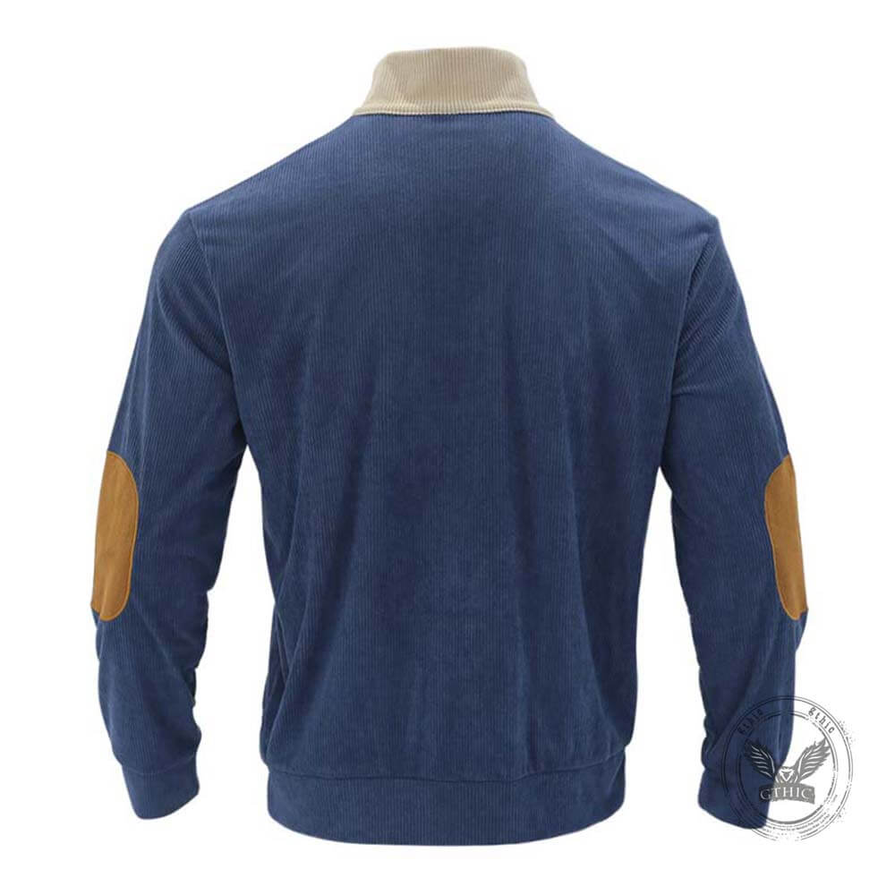 Casual Color-Blocked Stand Collar Corduroy Sweatshirt