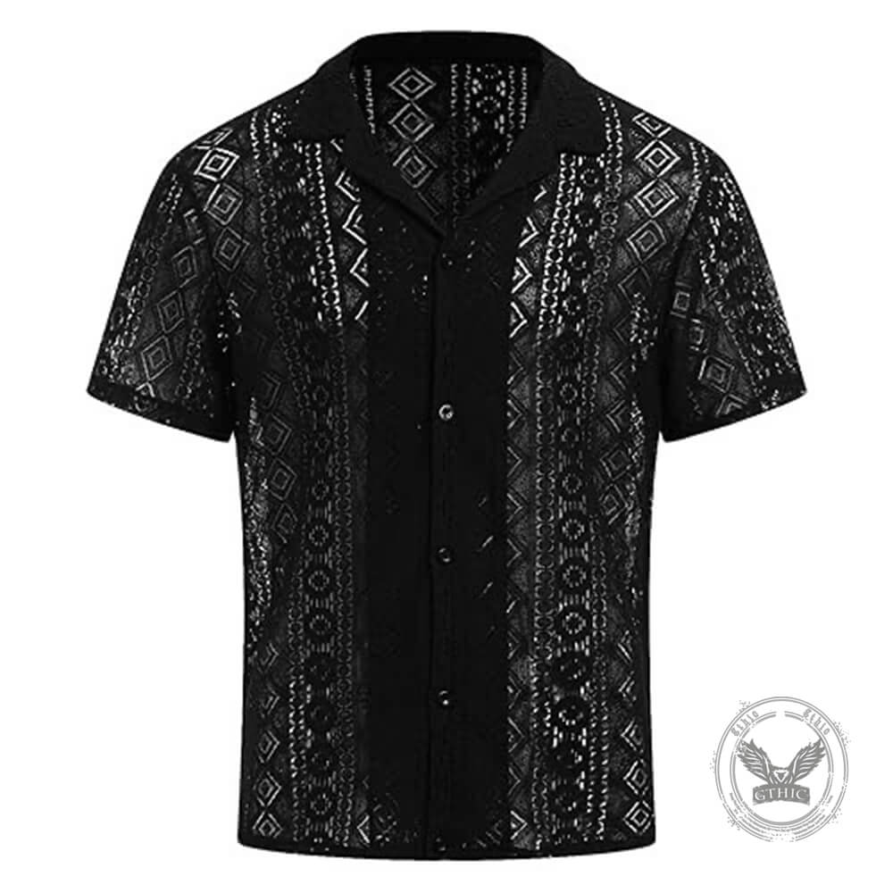 Casual Cut-Outs Buttons Lace Short-Sleeve Shirt