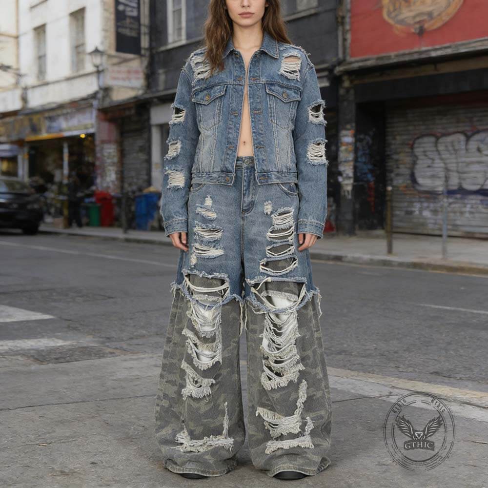 Casual Double-Layered Camouflage Ripped Wide-Leg Baggy Jeans | Gthic.com