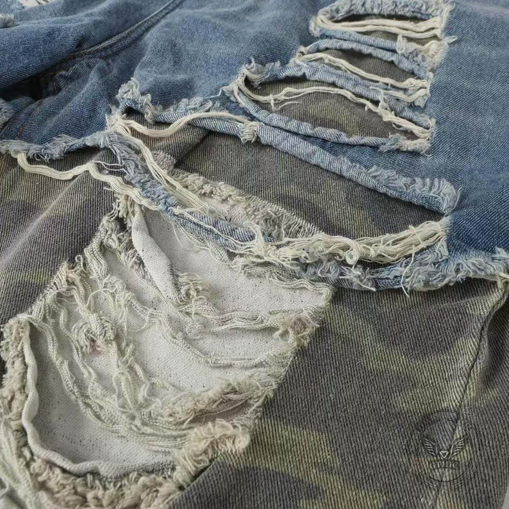 Casual Double-Layered Camouflage Ripped Wide-Leg Baggy Jeans