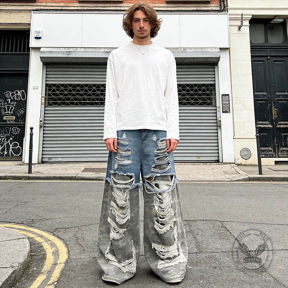 Casual Double-Layered Camouflage Ripped Wide-Leg Baggy Jeans | Gthic.com