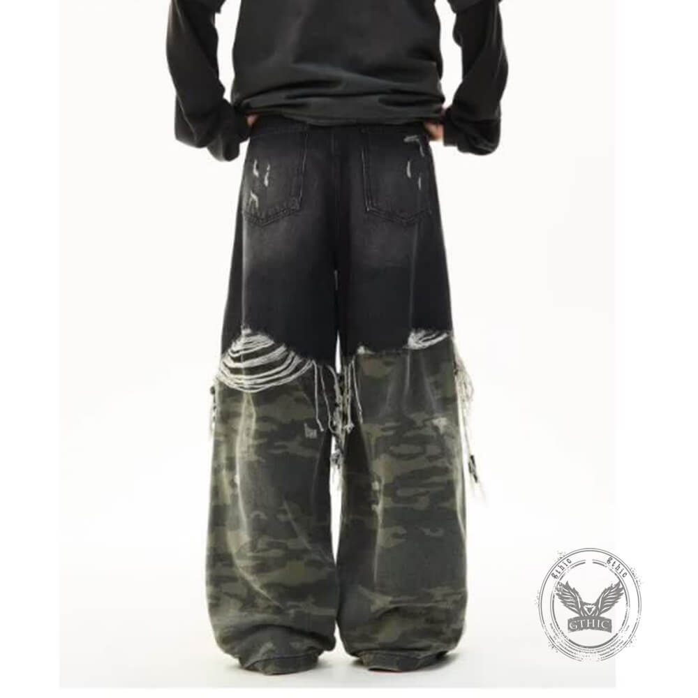Casual Double-Layered Camouflage Ripped Wide-Leg Baggy Jeans | Gthic.com