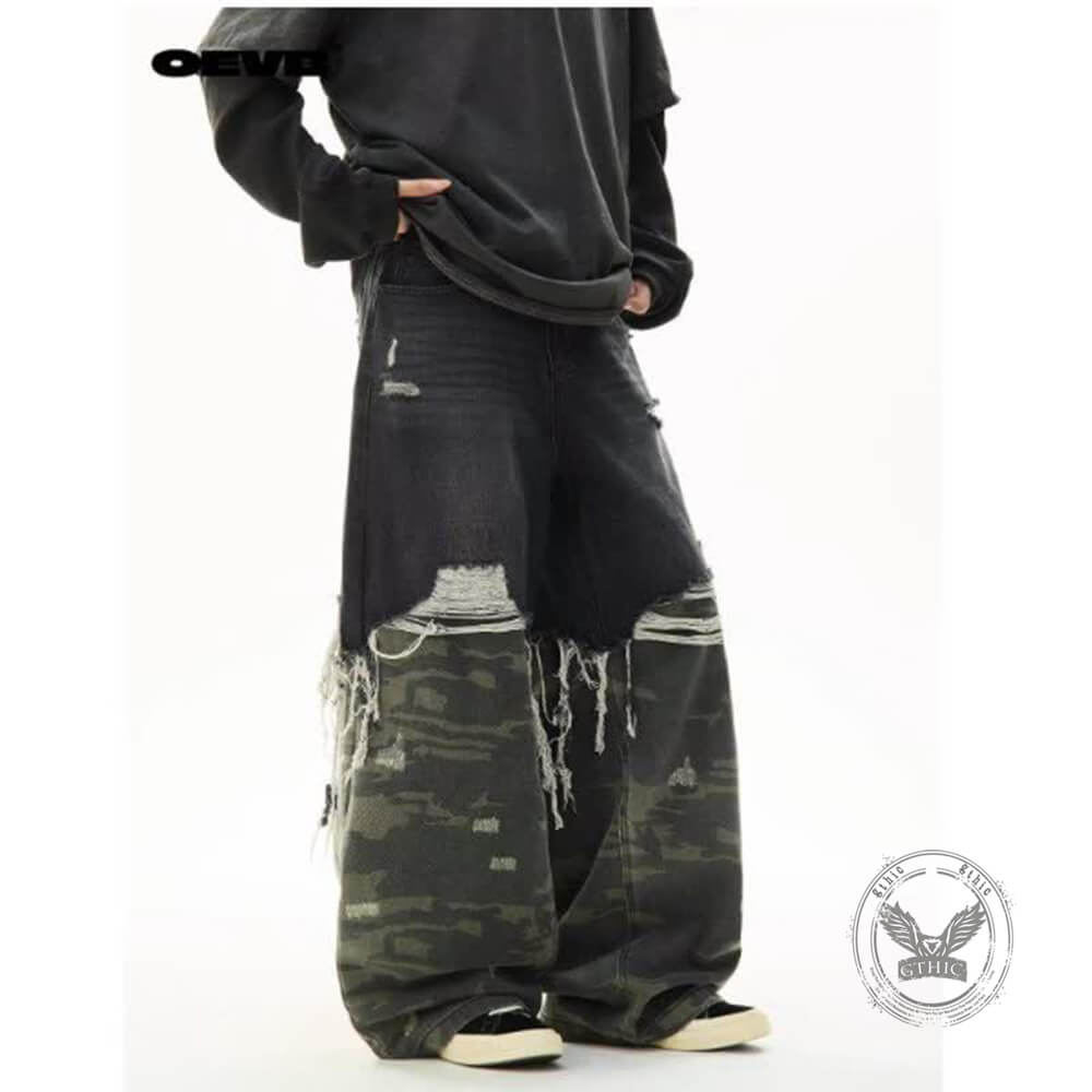 Casual Double-Layered Camouflage Ripped Wide-Leg Baggy Jeans | Gthic.com