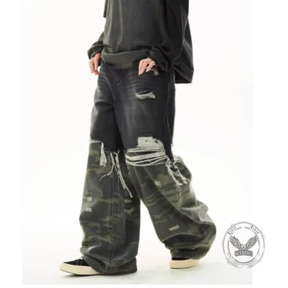 Casual Double-Layered Camouflage Ripped Wide-Leg Baggy Jeans