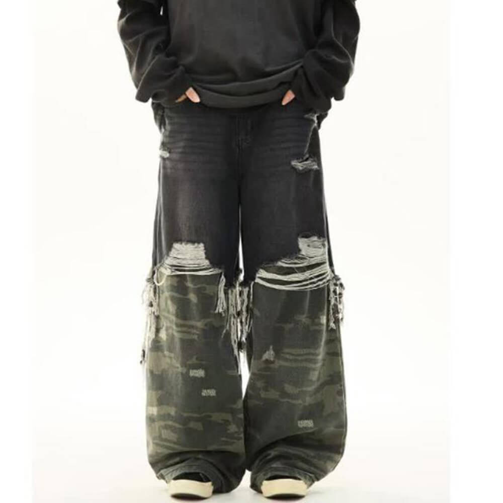 Casual Double-Layered Camouflage Ripped Wide-Leg Baggy Jeans | Gthic.com