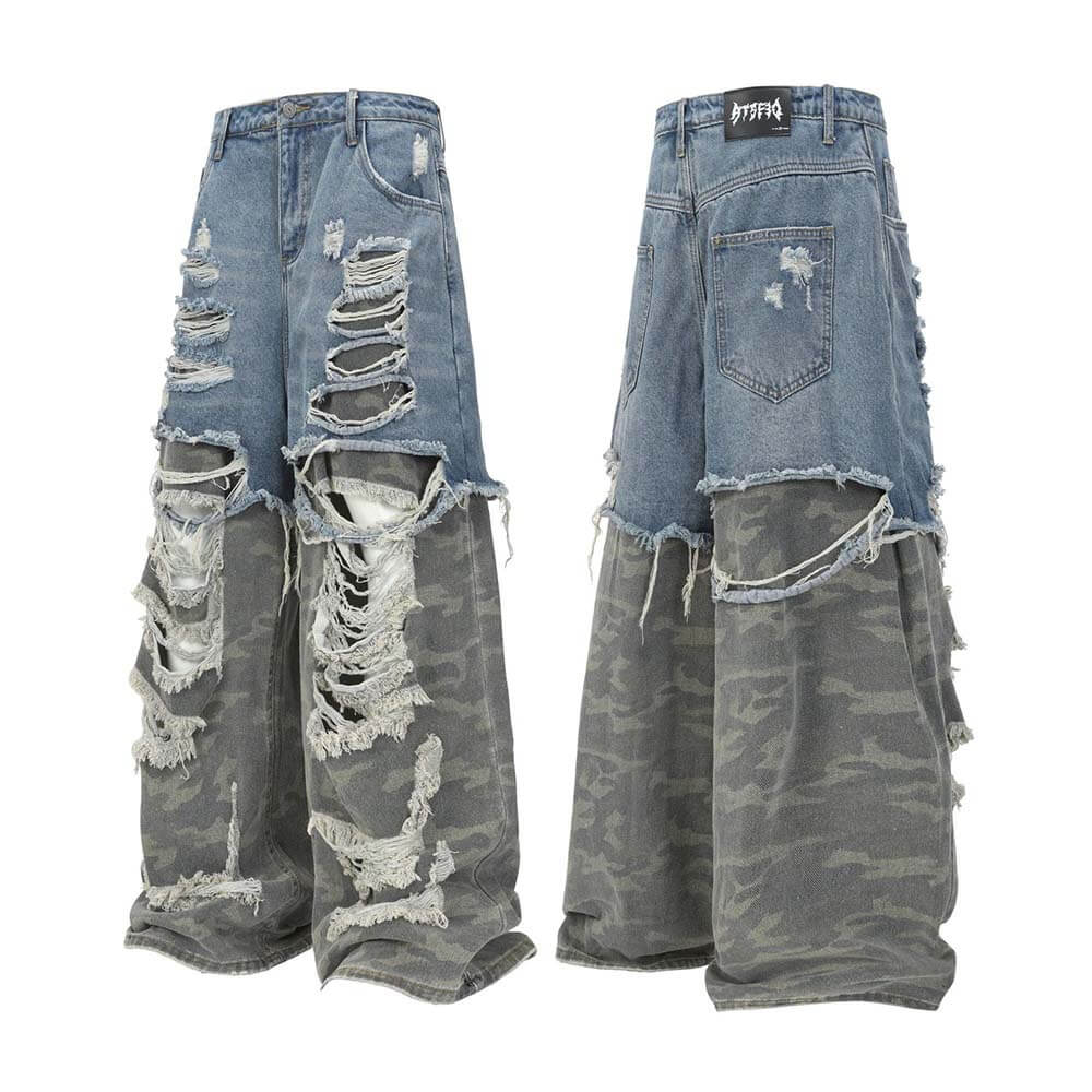 Casual Double-Layered Camouflage Ripped Wide-Leg Baggy Jeans | Gthic.com