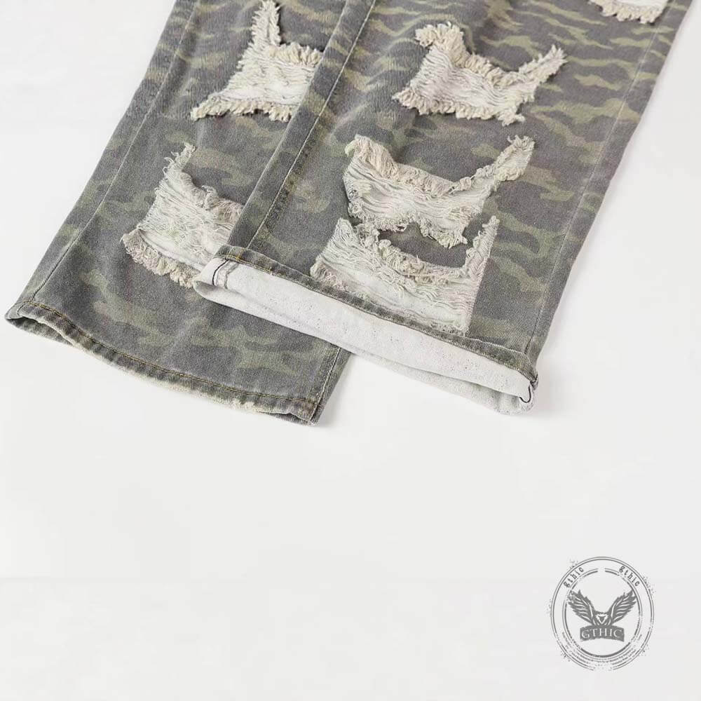 Casual Double-Layered Camouflage Ripped Wide-Leg Baggy Jeans