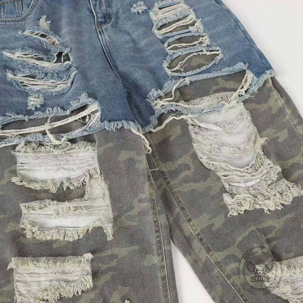 Casual Double-Layered Camouflage Ripped Wide-Leg Baggy Jeans